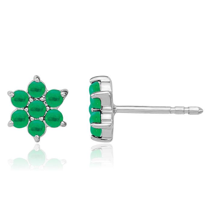 14K Solid White Gold Green Emerald Flower Stud Earrings May Birthstone Jewelry