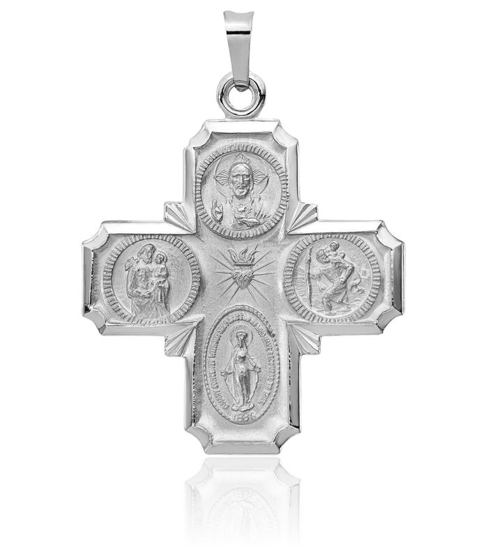 14K Solid White Gold Four Way Holy Cross Religious Medal Necklace Christian Pendant Scapular Charm