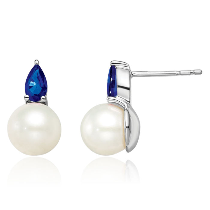 14K Solid White Gold Freshwater Cultured Pearl Blue Sapphire Studs Pear Teardrop Gemstone Earrings September Birthstone Jewelry