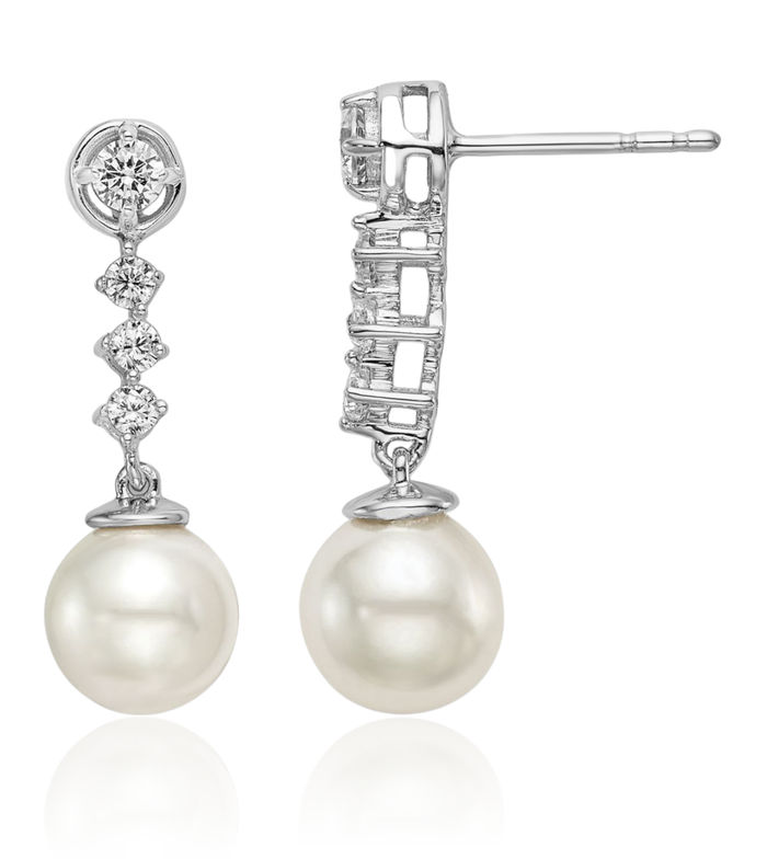 14K Solid White Gold Freshwater Cultured Pearl Diamond Line Bar Drop Dangle Earrings