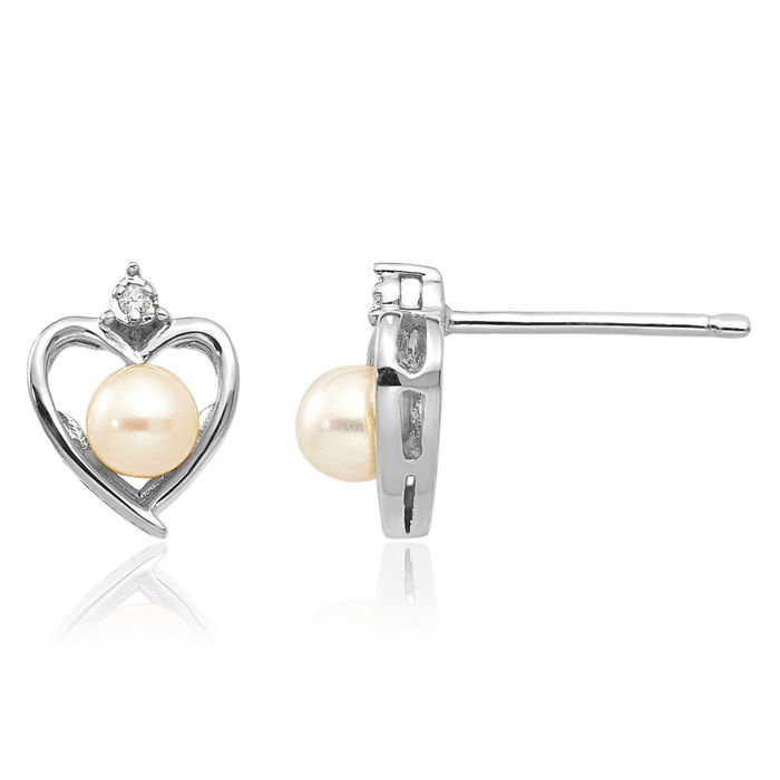 14K Solid White Gold Freshwater Cultured Pearl Diamond Heart Stud Earrings June Birthstone Jewelry