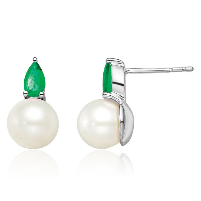 14K Solid White Gold Freshwater Cultured Pearl Green Emerald Studs Pear Teardrop Gemstone Earrings May Birthstone Jewelry