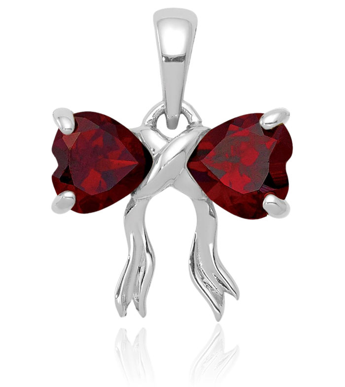 14K Solid White Gold Red Garnet Bow Necklace Heart Gemstone Pendant Charm January Birthstone Jewelry