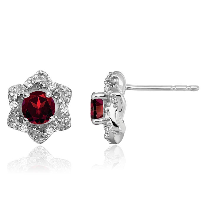 14K Solid White Gold Red Garnet Diamond Stud Earrings January Birthstone Jewelry