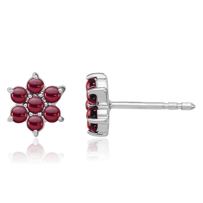 14K Solid White Gold Red Garnet Flower Stud Earrings January Birthstone Jewelry