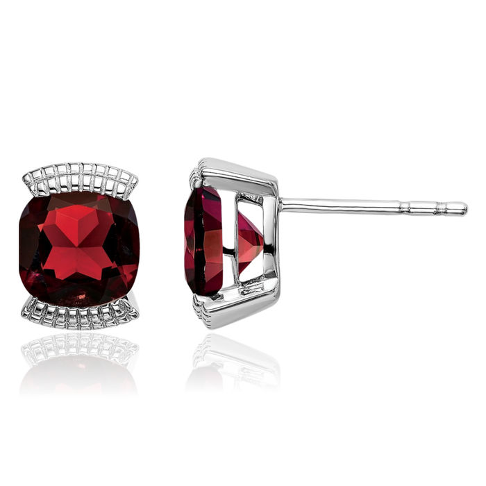 14K Solid White Gold Red Garnet Studs Gemstone Earrings January Birthstone Jewelry