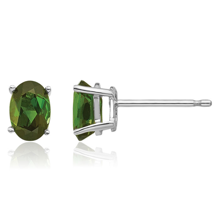 14K Solid White Gold Green Tourmaline Studs Gemstone Solitaire Earrings