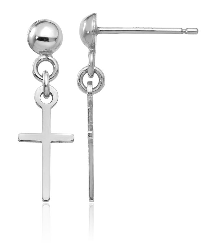 14K Solid White Gold Hanging Holy Cross Christian Religious Drop Dangle Earrings