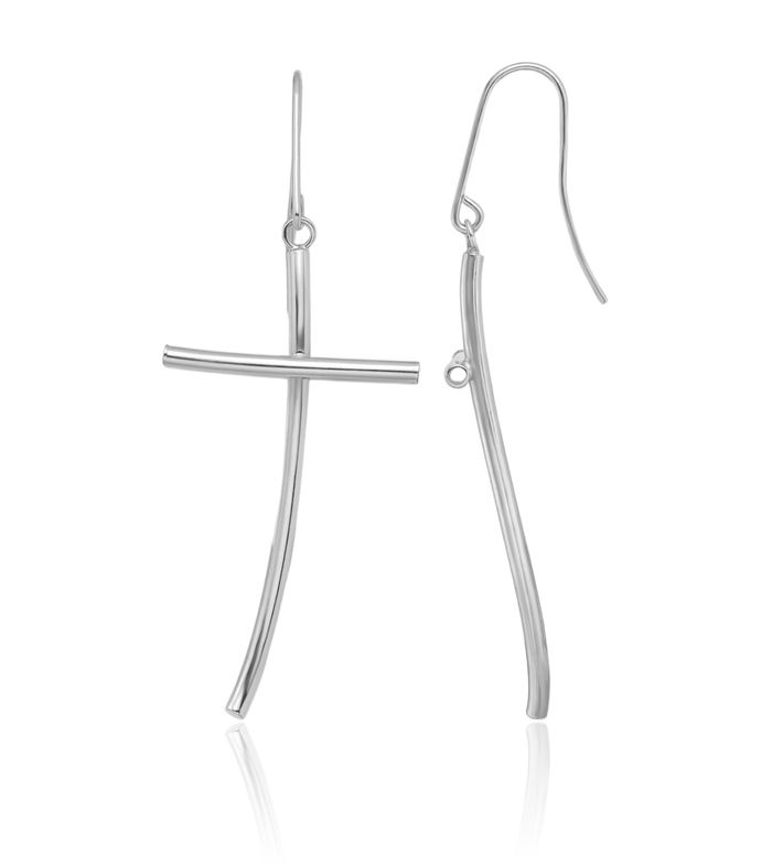 14K Solid White Gold Hanging Holy Cross Christian Religious Drop Dangle Earrings