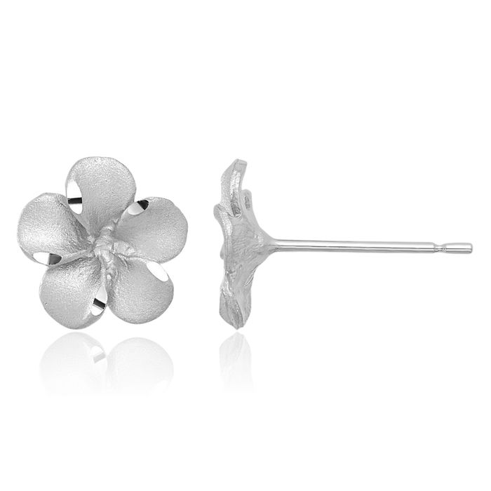 14K Solid White Gold Hawaiian Plumeria Flower Stud Earrings