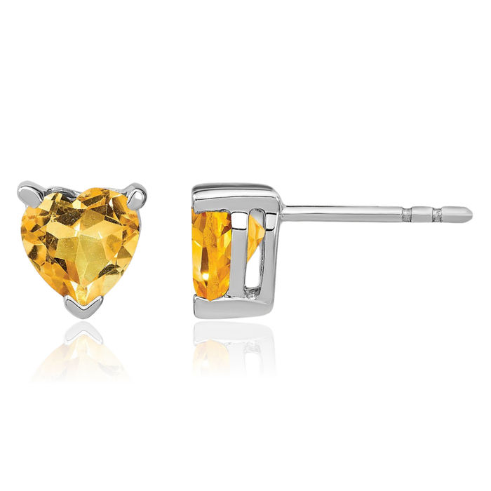 14K Solid White Gold Heart Yellow Orange Citrine Studs Gemstone Earrings November Birthstone Jewelry