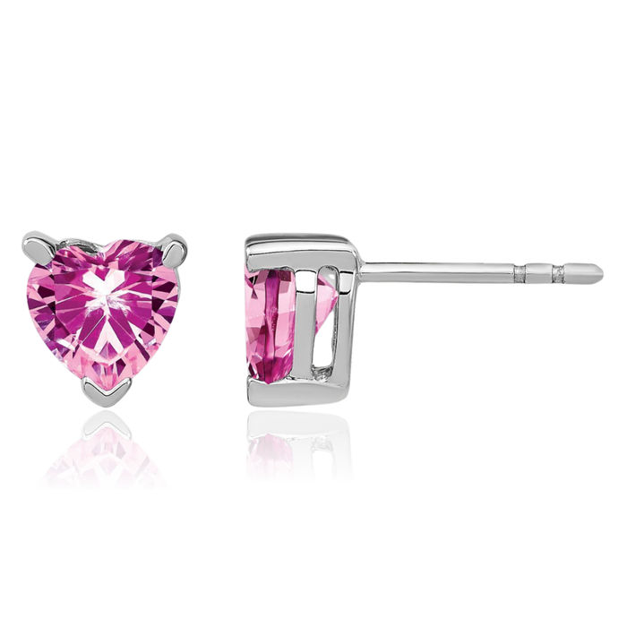 14K Solid White Gold Heart Lab Pink Sapphire Studs Gemstone Earrings October Birthstone Jewelry