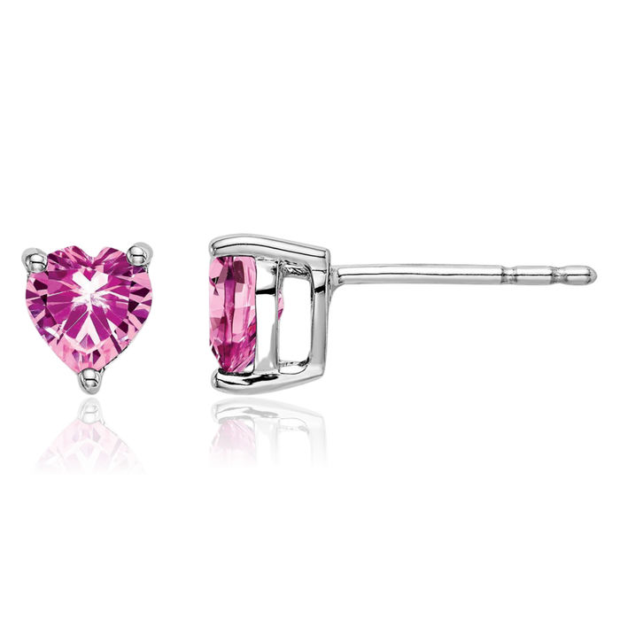 14K Solid White Gold Heart Lab Pink Sapphire Studs Gemstone Earrings October Birthstone Jewelry