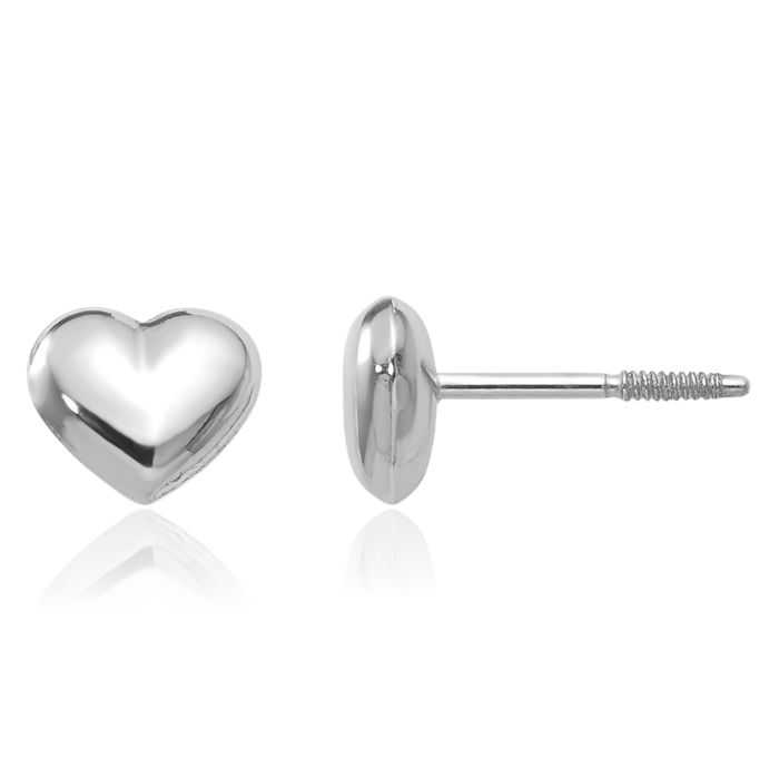 14K Solid White Gold Heart Stud Earrings