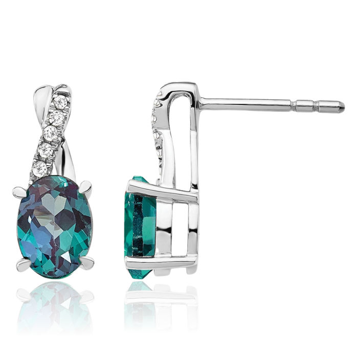 14K Solid White Gold Lab Alexandrite Diamond Drop Dangle Earrings Gemstone Post Push Back June Birthstone Jewelry