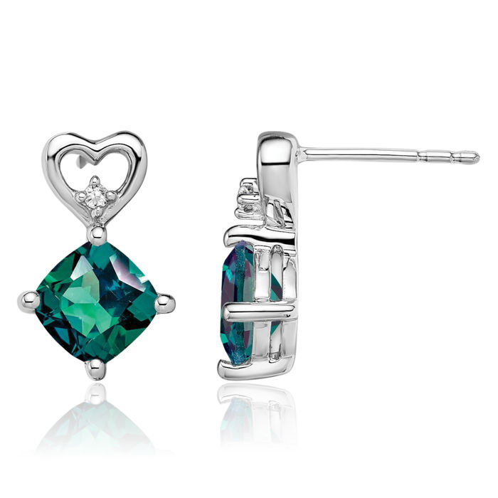 14K Solid White Gold Lab Alexandrite Diamond Heart Drop Dangle Earrings June Birthstone Jewelry