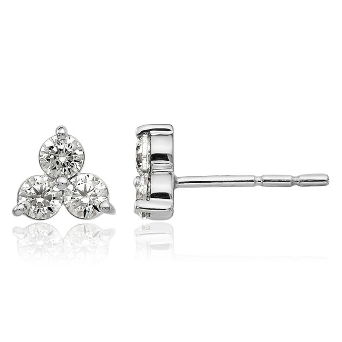 14K Solid White Gold Lab Diamond 3 Stone Post Stud Earrings