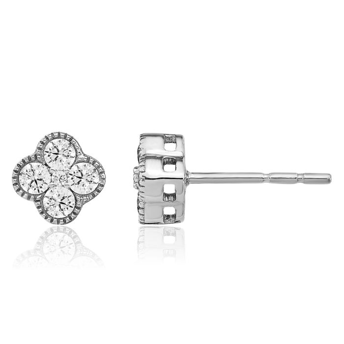 14K Solid White Gold Lab Diamond Bloom Flower Stud Earrings