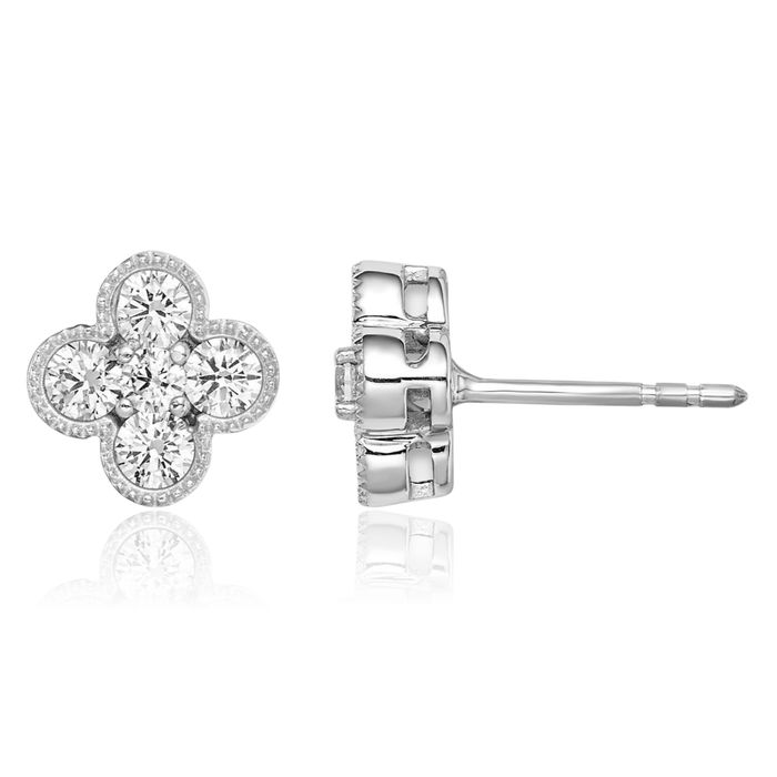 14K Solid White Gold Lab Diamond Bloom Flower Stud Earrings