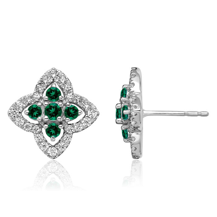 14K Solid White Gold Lab Diamond Green Emerald Studs Gemstone Earrings May Birthstone Jewelry