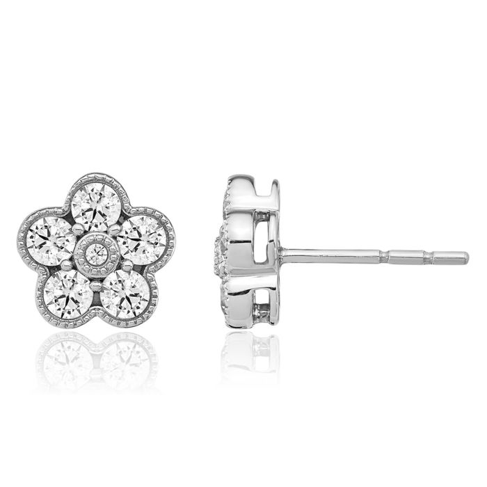 14K Solid White Gold Lab Diamond Flower Stud Earrings