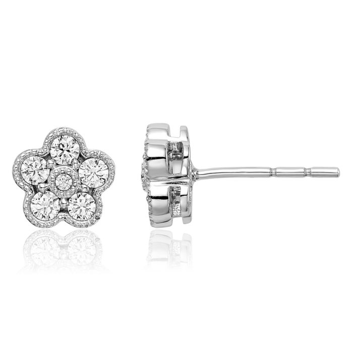 14K Solid White Gold Lab Diamond Flower Stud Earrings