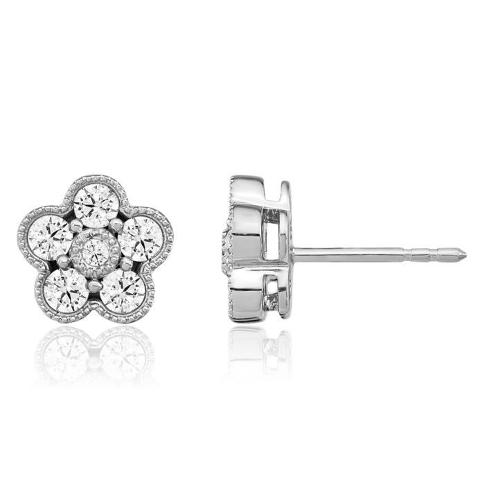 14K Solid White Gold Lab Diamond Flower Stud Earrings