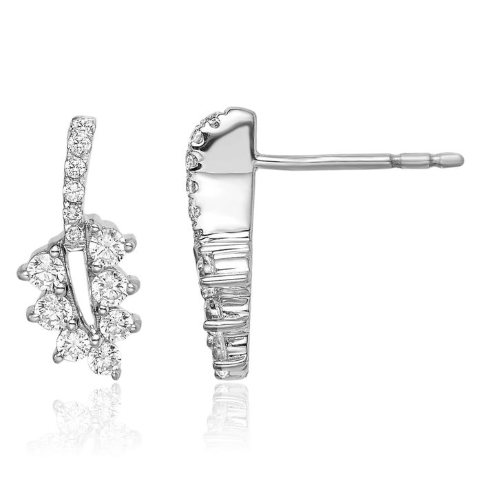 14K Solid White Gold Lab Diamond Leaf Flowers Stud Earrings