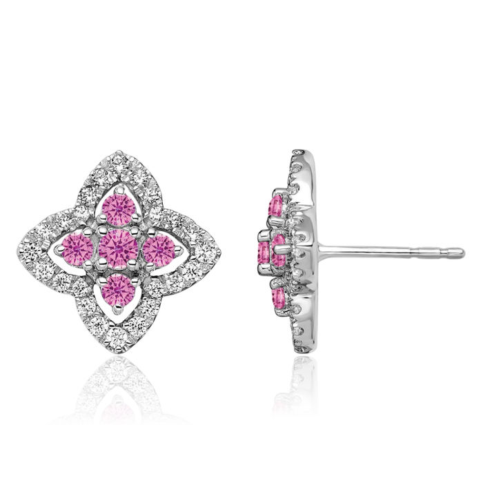 14K Solid White Gold Lab Diamond Pink Sapphire Studs Gemstone Earrings October Birthstone Jewelry