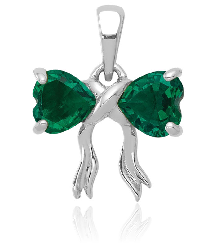 14K Solid White Gold Lab Green Emerald Bow Necklace Heart Gemstone Pendant Charm May Birthstone Jewelry