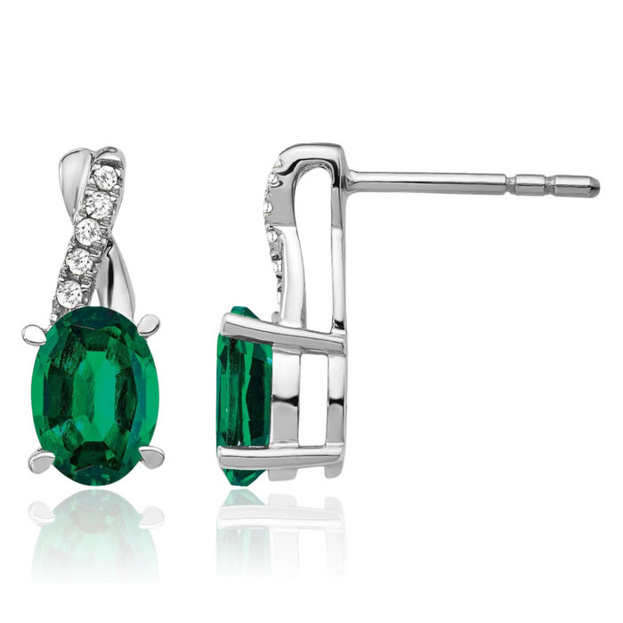 14K Solid White Gold Lab Green Emerald Diamond Drop Dangle Earrings Gemstone Post Push Back