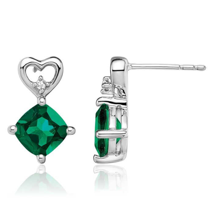 14K Solid White Gold Lab Green Emerald Diamond Heart Drop Dangle Earrings May Birthstone Jewelry