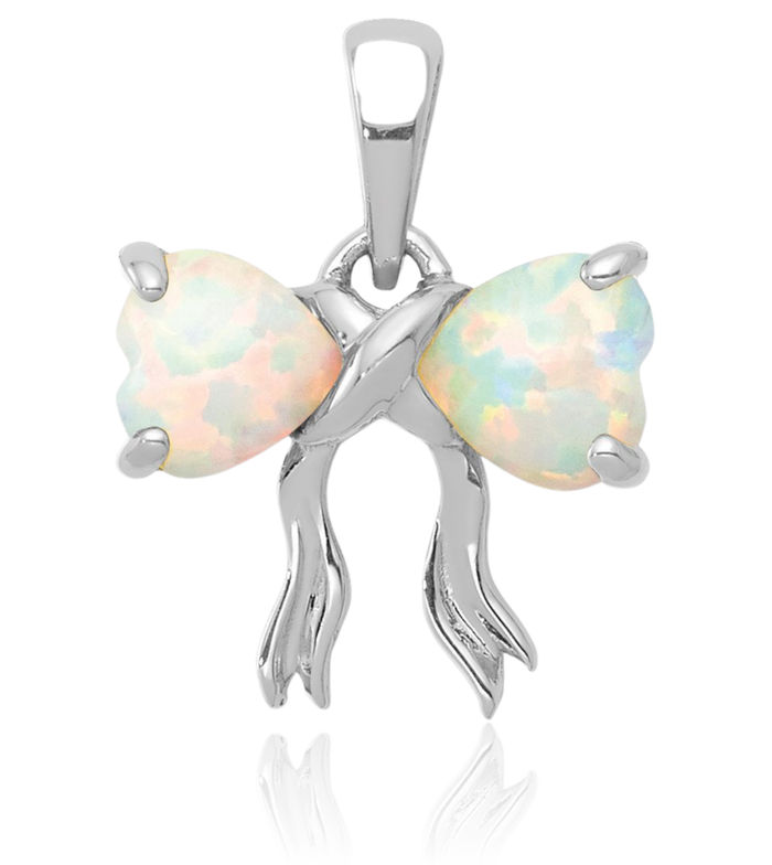 14K Solid White Gold Lab Opal Bow Necklace Heart Gemstone Pendant Charm October Birthstone Jewelry