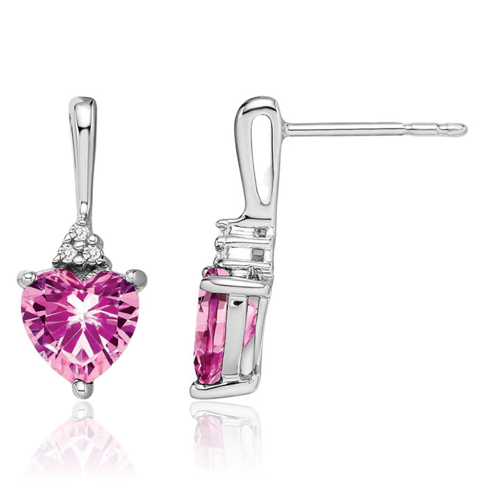 14K Solid White Gold Lab Pink Sapphire Diamond Heart Drop Dangle Earrings Gemstone Post Push Back October Birthstone Jewelry