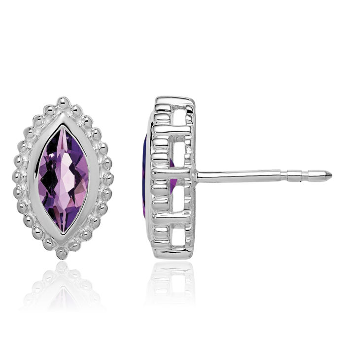 14K Solid White Gold Marquise Purple Amethyst Stud Earrings February Birthstone Jewelry