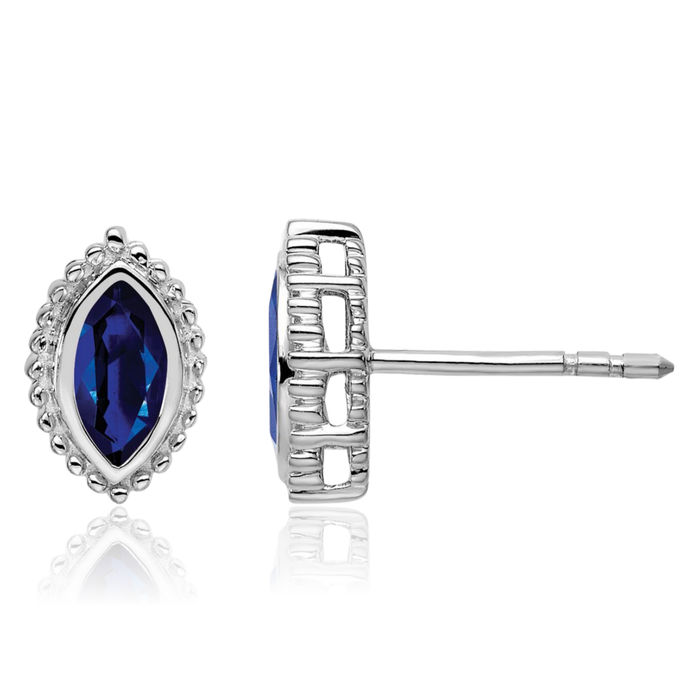 14K Solid White Gold Marquise Blue Sapphire Stud Earrings September Birthstone Jewelry