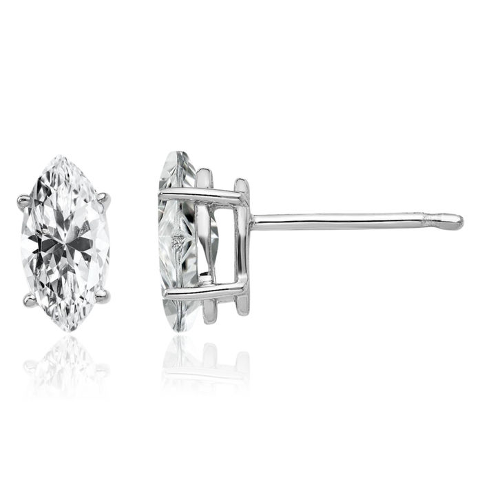 14K Solid White Gold Marquise Cubic Zirconia CZ Studs Gemstone Earrings April Birthstone Jewelry