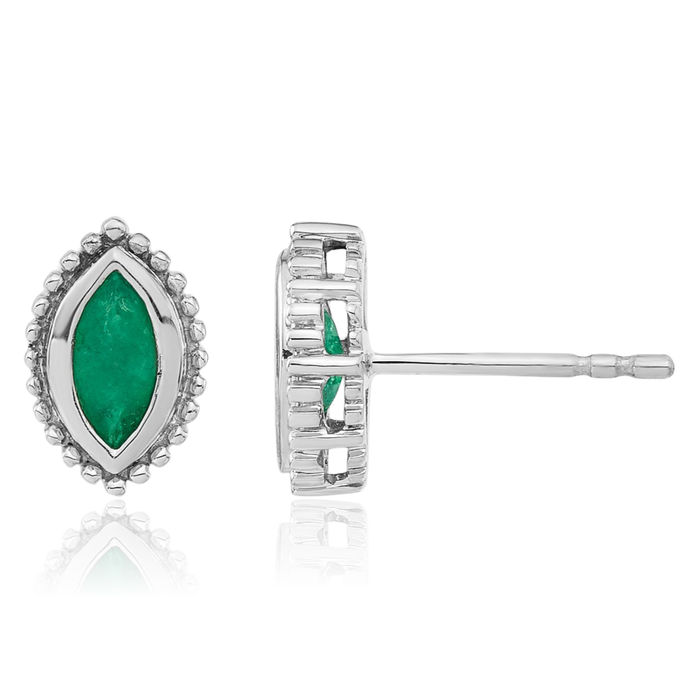 14K Solid White Gold Marquise Green Emerald Stud Earrings May Birthstone Jewelry