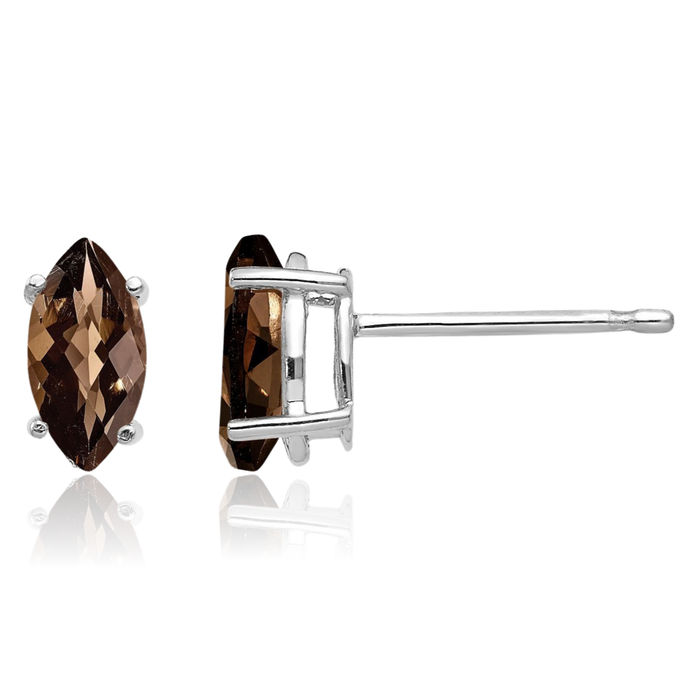 14K Solid White Gold Marquise Checker Cut Brown Smoky Quartz Studs Gemstone Earrings June Birthstone Jewelry