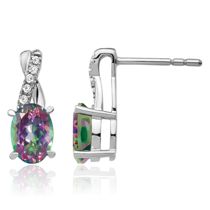 14K Solid White Gold Mystic Fire Topaz Diamond Drop Dangle Earrings Gemstone Post Push Back