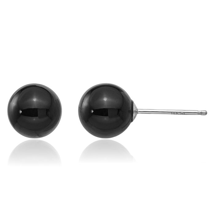 14K Solid White Gold Black Onyx Bead Stud Earrings