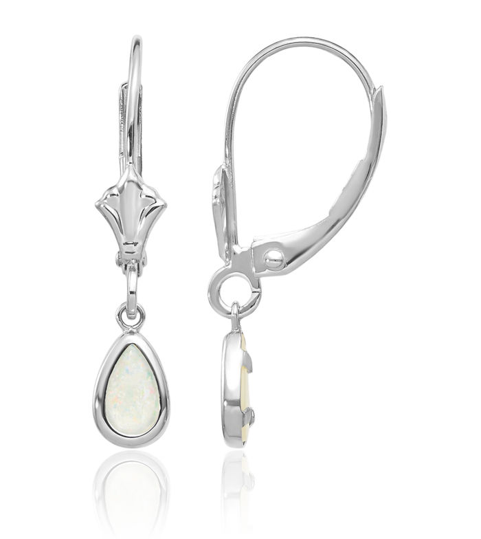 14K Solid White Gold Opal Drop Dangle Earrings Pear Teardrop Gemstone October Birthstone Jewelry