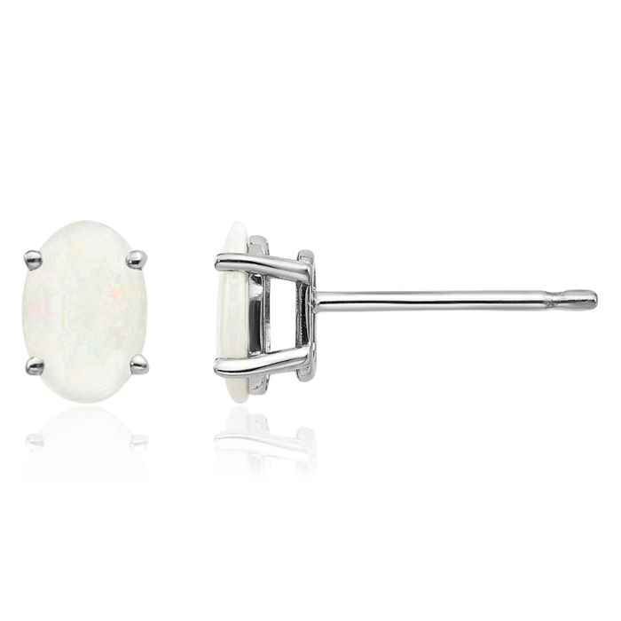 14K Solid White Gold Opal Studs Gemstone Solitaire Earrings October Birthstone Jewelry