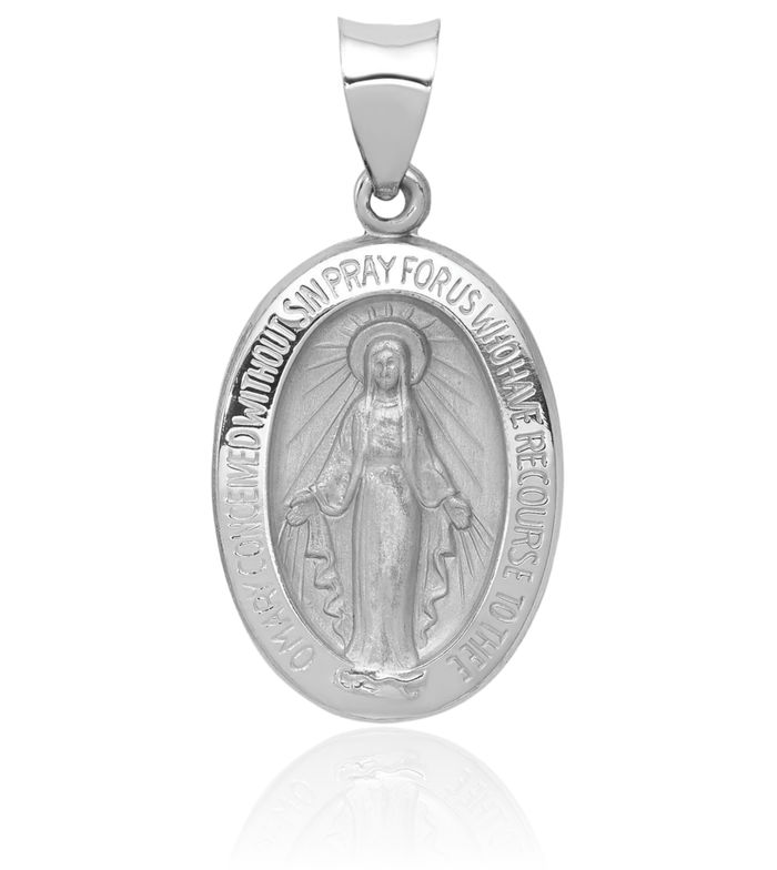 14K Solid White Gold Our Lady of Miraculous Medal Blessed Virgin Mary Necklace Chain Pendant Charm