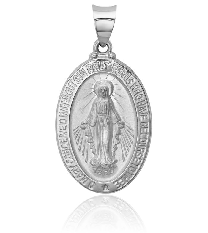 14K Solid White Gold Our Lady of Miraculous Medal Blessed Virgin Mary Necklace Chain Pendant Charm