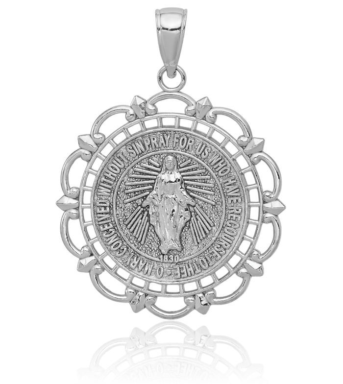 14K Solid White Gold Our Lady of Miraculous Medal Blessed Virgin Mary Scallop Necklace Chain Pendant Charm