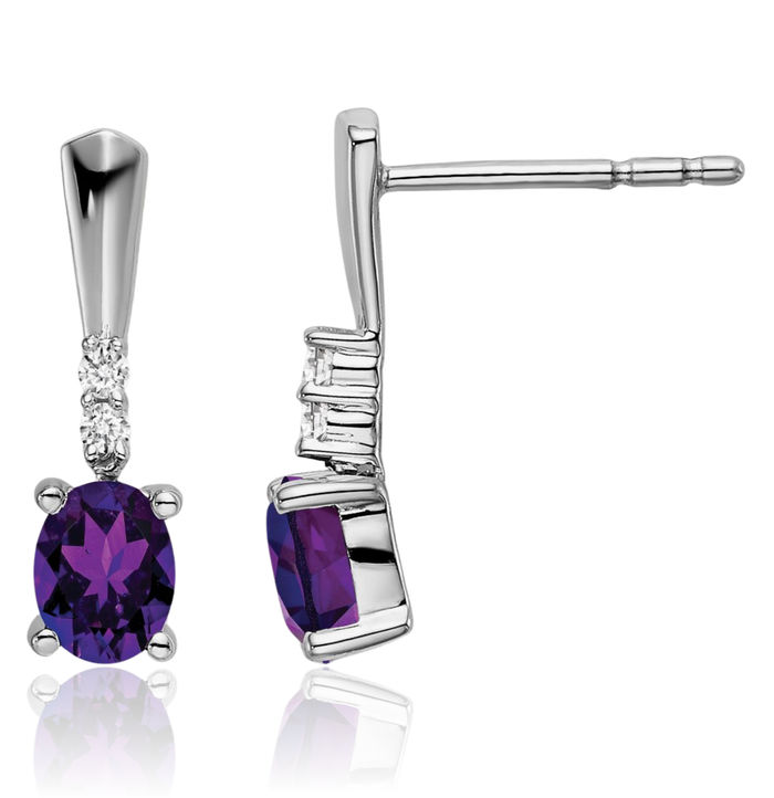 14K Solid White Gold Oval Purple Amethyst Diamond Drop Dangle Earrings February Birthstone Jewelry