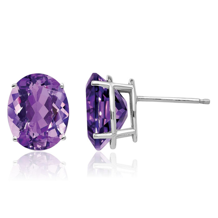 14K Solid White Gold Oval Purple Amethyst Studs Gemstone Solitaire Earrings February Birthstone Jewelry