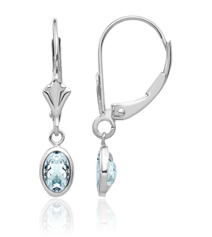 14K Solid White Gold Oval Blue Aquamarine Drop Dangle Earrings March Birthstone Jewelry