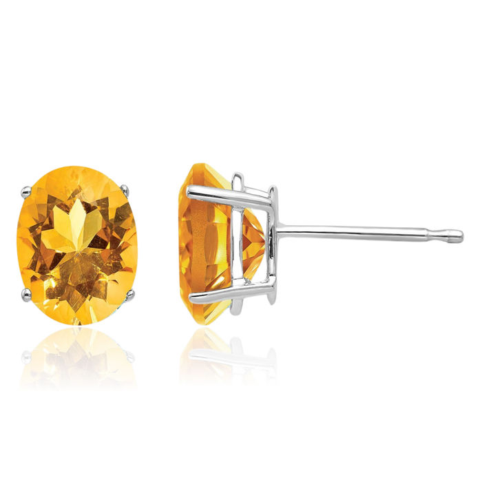 14K Solid White Gold Oval Yellow Orange Citrine Studs Gemstone Solitaire Earrings November Birthstone Jewelry